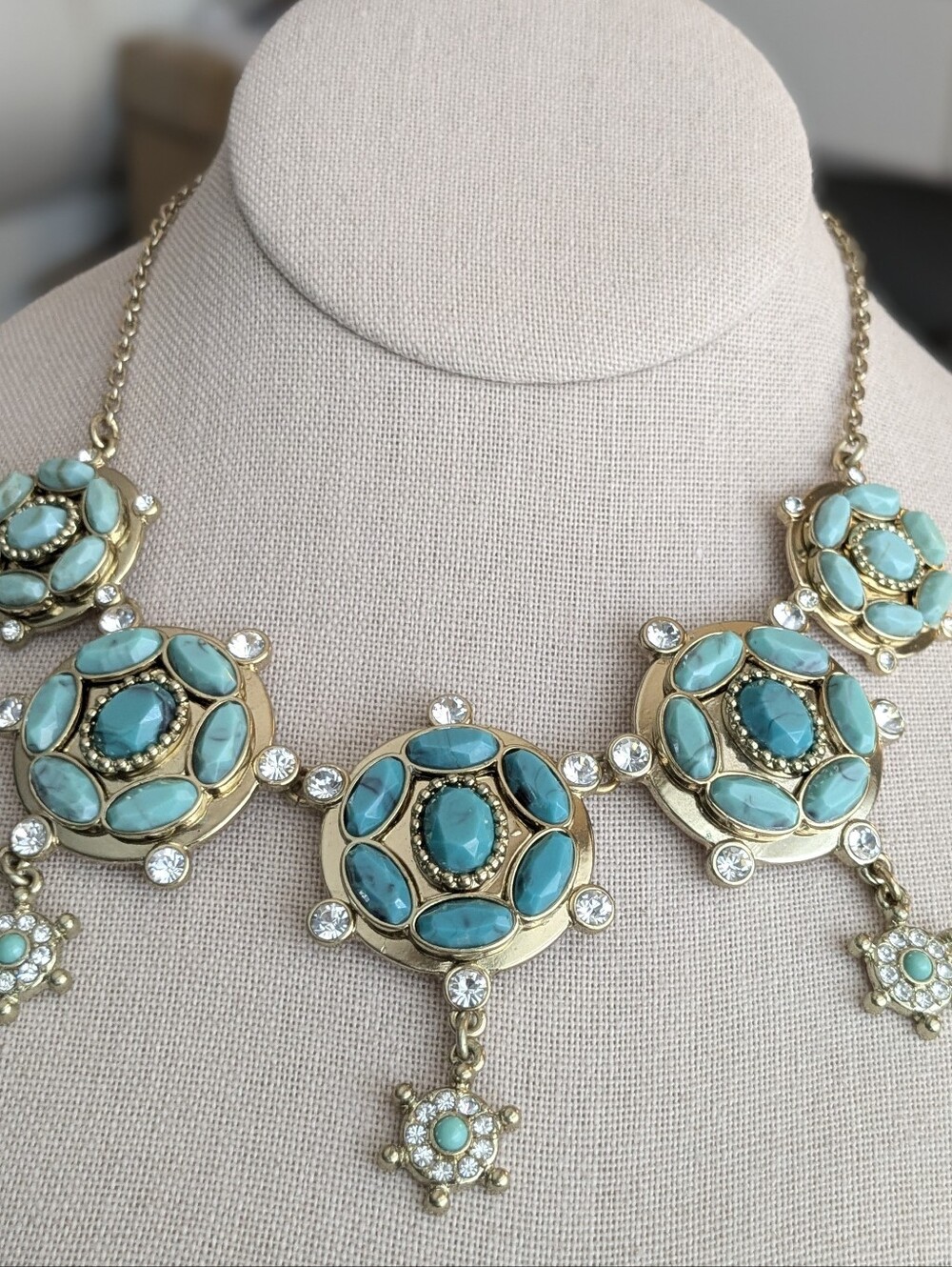 Statement Gold Tone Faux Turquoise & Rhinestone Necklace 18-21" Adjustable Boho